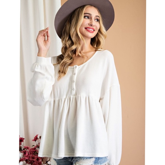 catlg Tops - Fall Waffle Knit Top Henley Baby Doll Top Cute Tops Girly Feminine Women’s Top